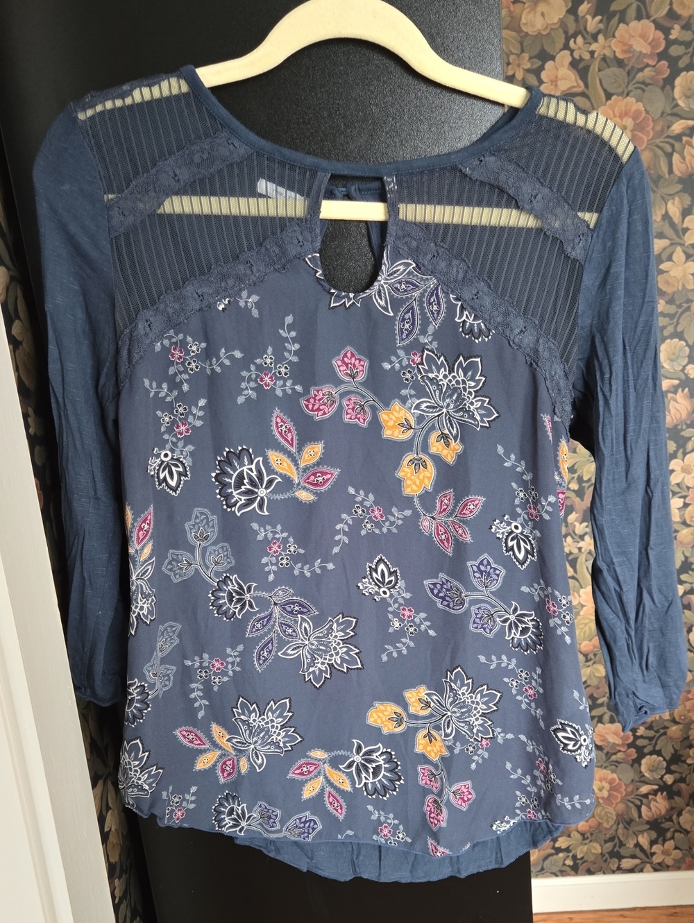 Maurices Navy Floral Lace-Yoke Long Sleeve Top